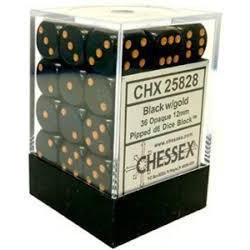 Chessex - D6 Brick 12mm Opaque Dice (36) - Black / Gold